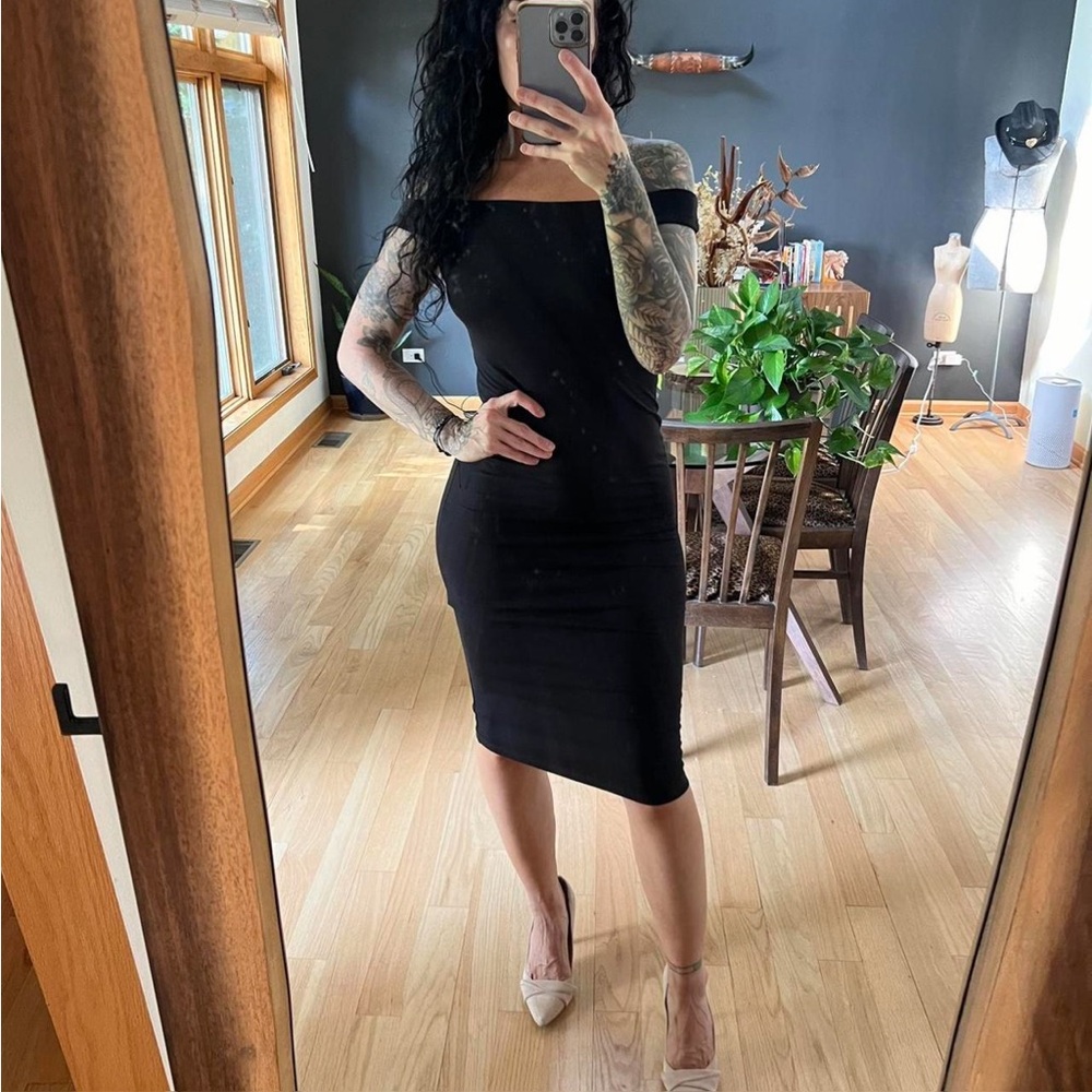 ASOS off the shoulder cutout back midi dress bodycon